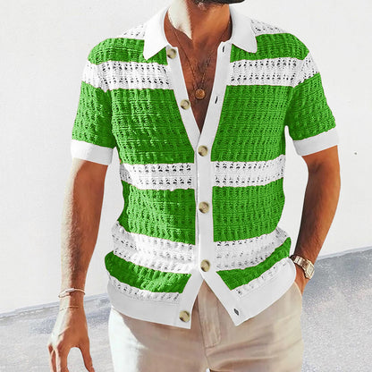 Men’s Summer Luxury Knitted Polo – Short Sleeve, Colored Hollow Breathable Cardigan Top