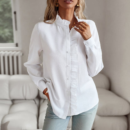 Women’s Striped Long Sleeve Button Up Ruffle Blouse – Casual Office Top