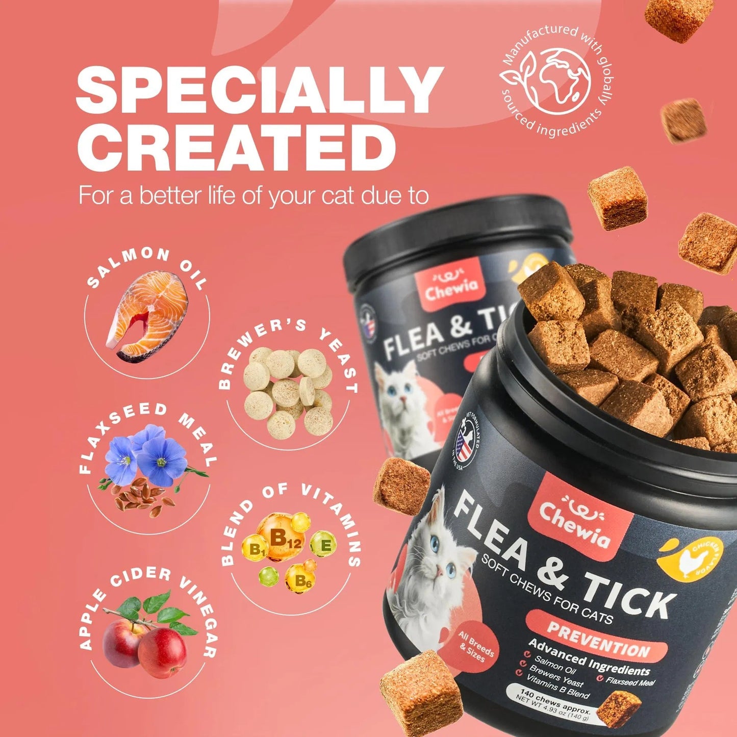 Cat Flea & Tick Chews – Daily Oral Soft Treats for All Breeds & Ages, Natural Chicken Flavor