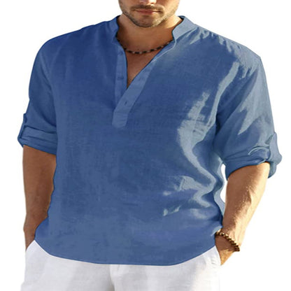 Men’s Cotton Linen Shirt – Casual Long Sleeve with Stand Collar