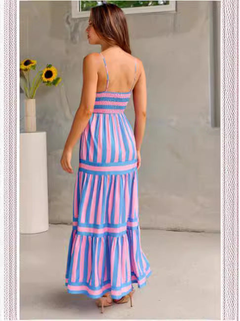 Women’s Striped Sleeveless Maxi Dress with Pockets – Beach Vacation