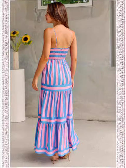 Women’s Striped Sleeveless Maxi Dress with Pockets – Beach Vacation