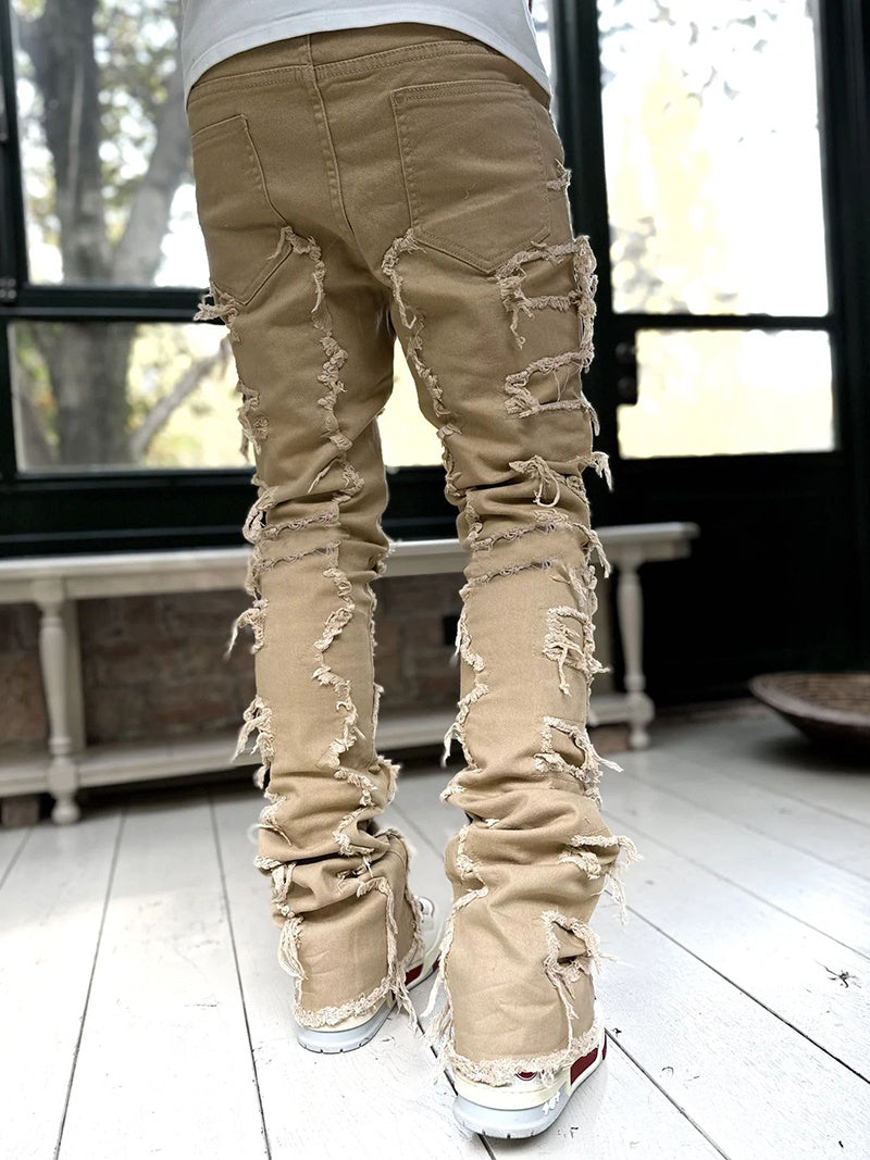 Men’s Stacked Jeans – Slim Fit Patched Denim Trousers