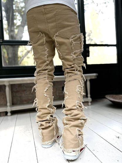 Men’s Stacked Jeans – Slim Fit Patched Denim Trousers