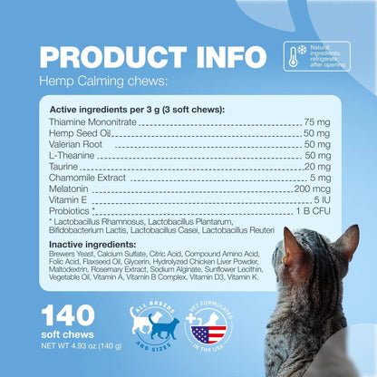 Cat Calming Treats – Hemp & Melatonin Soft Chews with Probiotics for Anxiety Relief