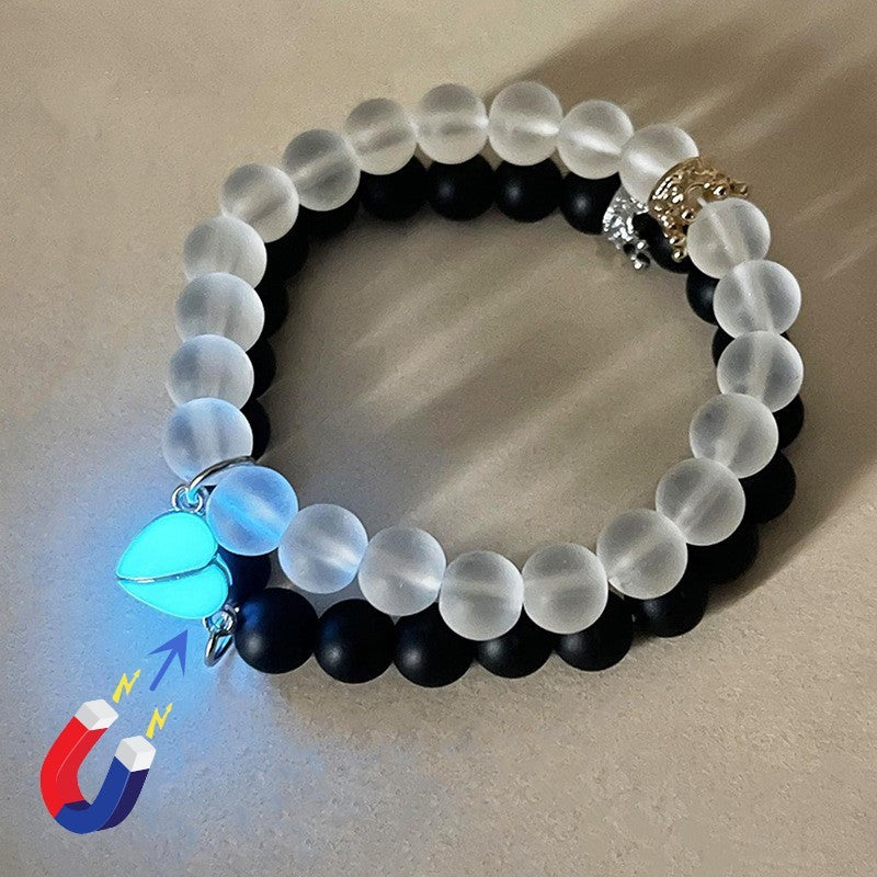 Glow-in-the-Dark Couple Bracelet – Handmade Crown & Heart Charms
