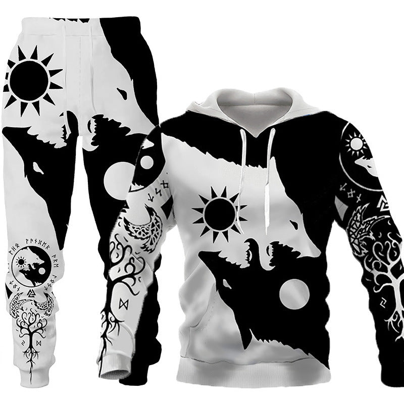 Men’s 3D Wolf Print Tracksuit – Hooded Jogging Set