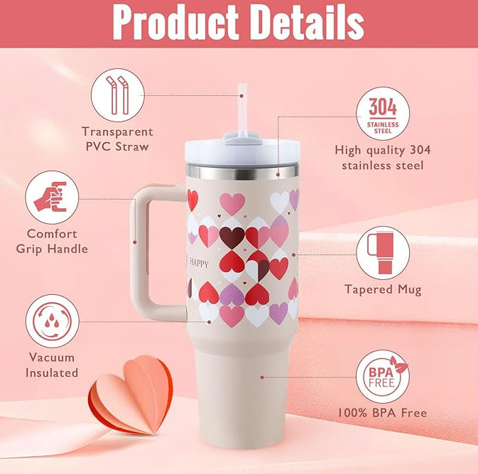 40 oz Insulated Tumbler with Handle & Straw – Stainless Steel Spill-Proof Travel Mug for Car, Office, Gym