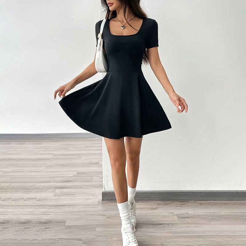 Women’s Square Neck Ruffle Hem A-Line Mini Dress