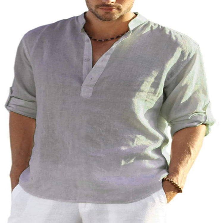 Men’s Cotton Linen Shirt – Casual Long Sleeve with Stand Collar