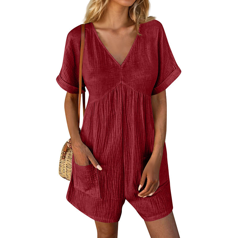 Women’s Summer V-Neck Short Sleeve Romper with Pockets