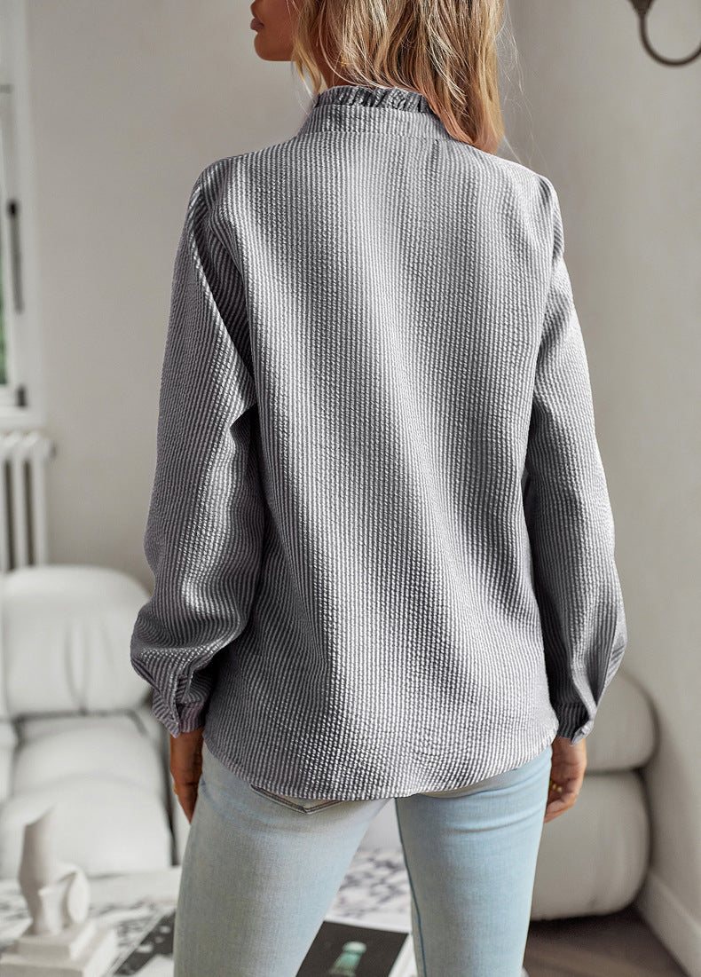 Women’s Striped Long Sleeve Button Up Ruffle Blouse – Casual Office Top