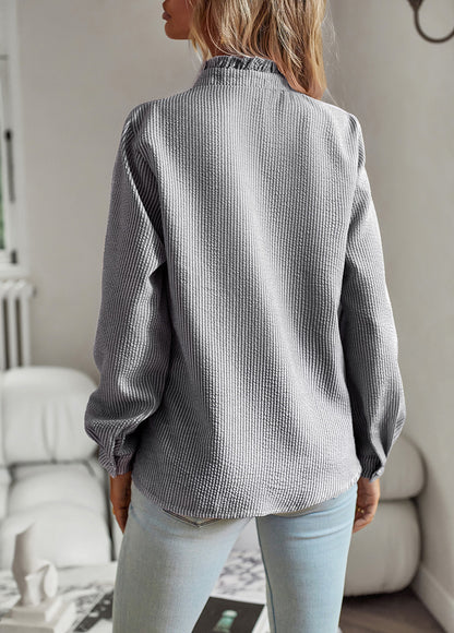 Women’s Striped Long Sleeve Button Up Ruffle Blouse – Casual Office Top