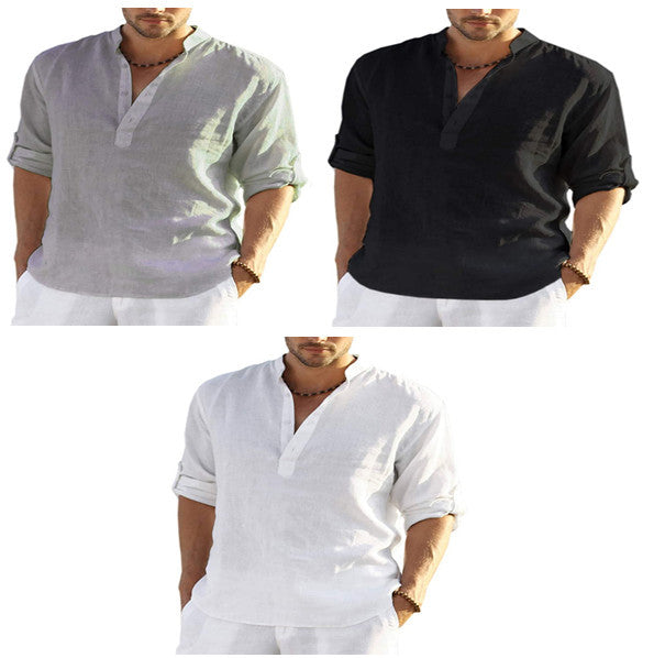 Men’s Cotton Linen Shirt – Casual Long Sleeve with Stand Collar