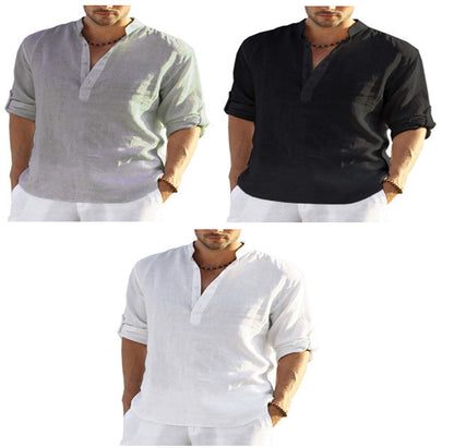 Men’s Cotton Linen Shirt – Casual Long Sleeve with Stand Collar