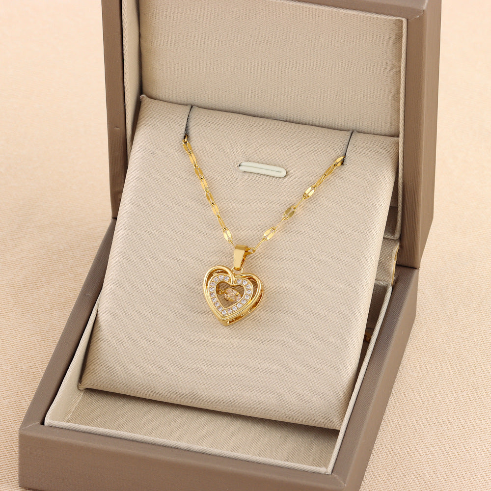 Double Layer Heart Pendant Necklace for Women – Rhinestone Titanium Steel Jewelry Gift