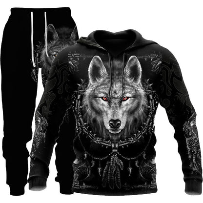 Men’s 3D Wolf Print Tracksuit – Hooded Jogging Set