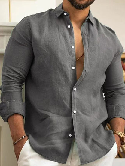 Men’s Linen Button-Up Shirt Summer Beach Solid Color
