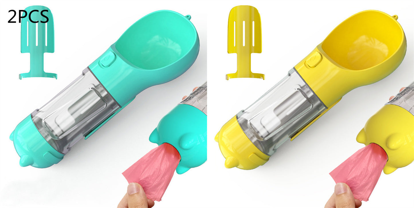 3-in-1 Dog & Cat Water Bottle – Portable Feeder, Bowl & Garbage Bag Dispenser for Travel