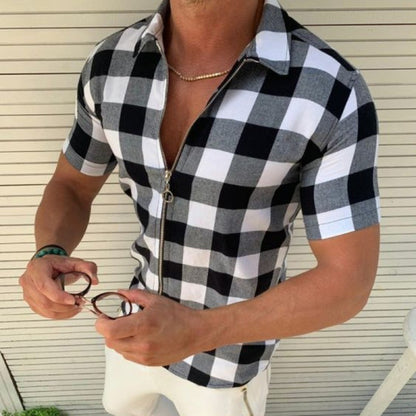 Men’s Plaid T-Shirt – Zipper Short Sleeve Summer Shirt